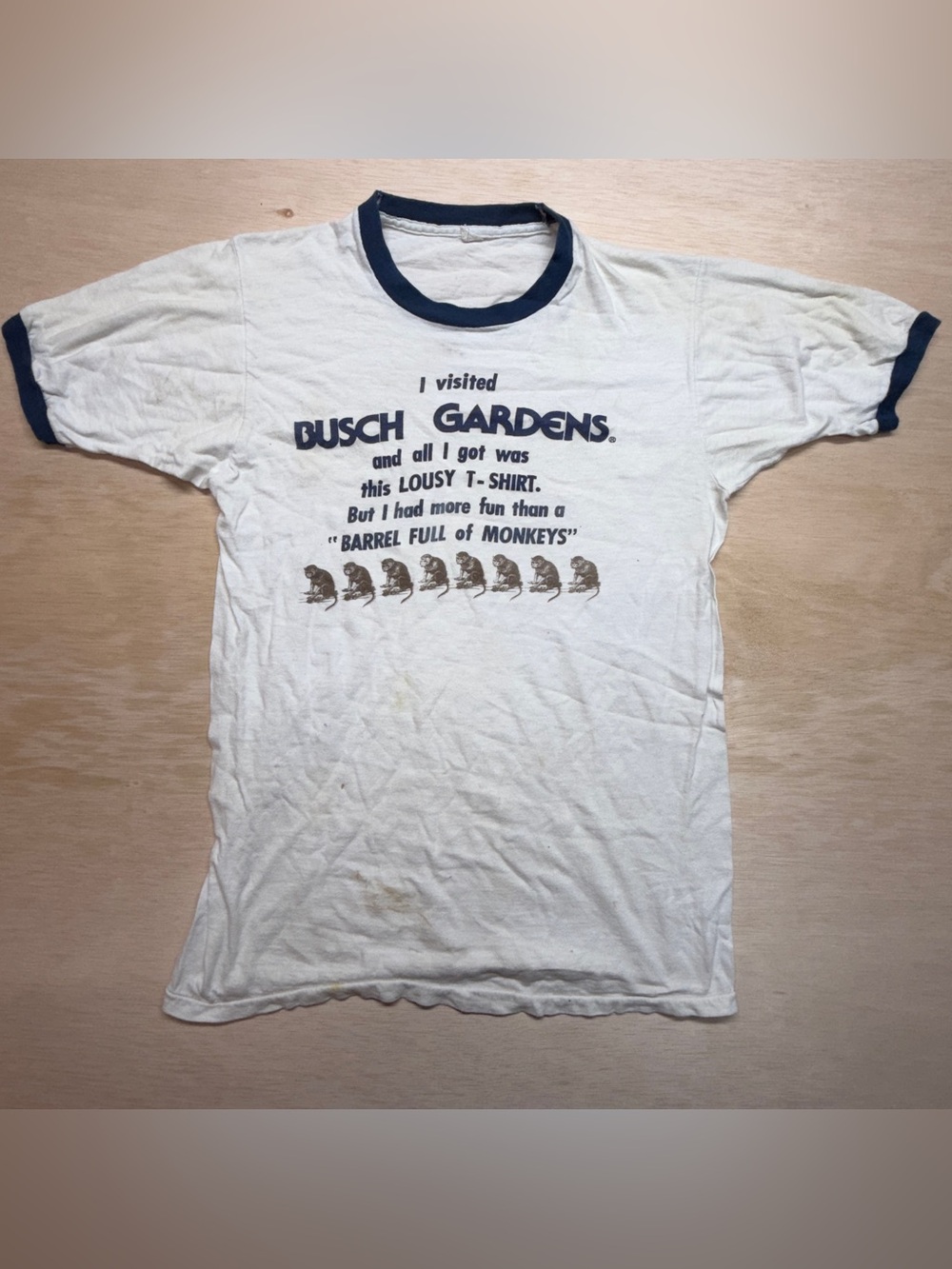 VTG Busch Gardens Lousy T-Shirt Ringer Tee Barrel of Monkeys USA Small 16x23.5